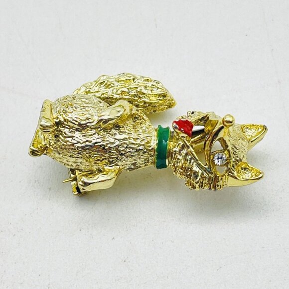 GERRYS Laughing Fox Pin Gold Tone Red Tongue Green Collar Rhinestone Eyes - Picture 2 of 6